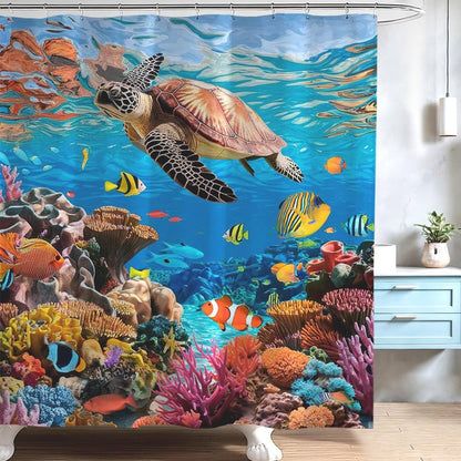 Mocsicka Ocean Shower Curtain Sea Turtle Underwater World Bathroom Decor for Kids Under The Sea Shower Curtain for Bathroom Fishes Coral Waterproof Bath Curtain with Hooks (71x71 Inch, Ocean)