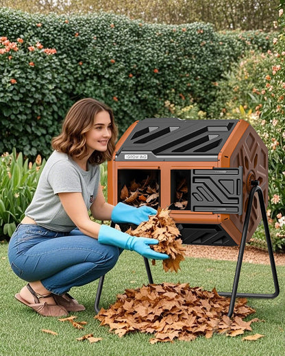 THEGROW'ING 43 Gallon Dual Chamber Compost Bin with Built-in Nuts, Outdoor Rotating Composter Tumbler for Garden Backyard, Orange