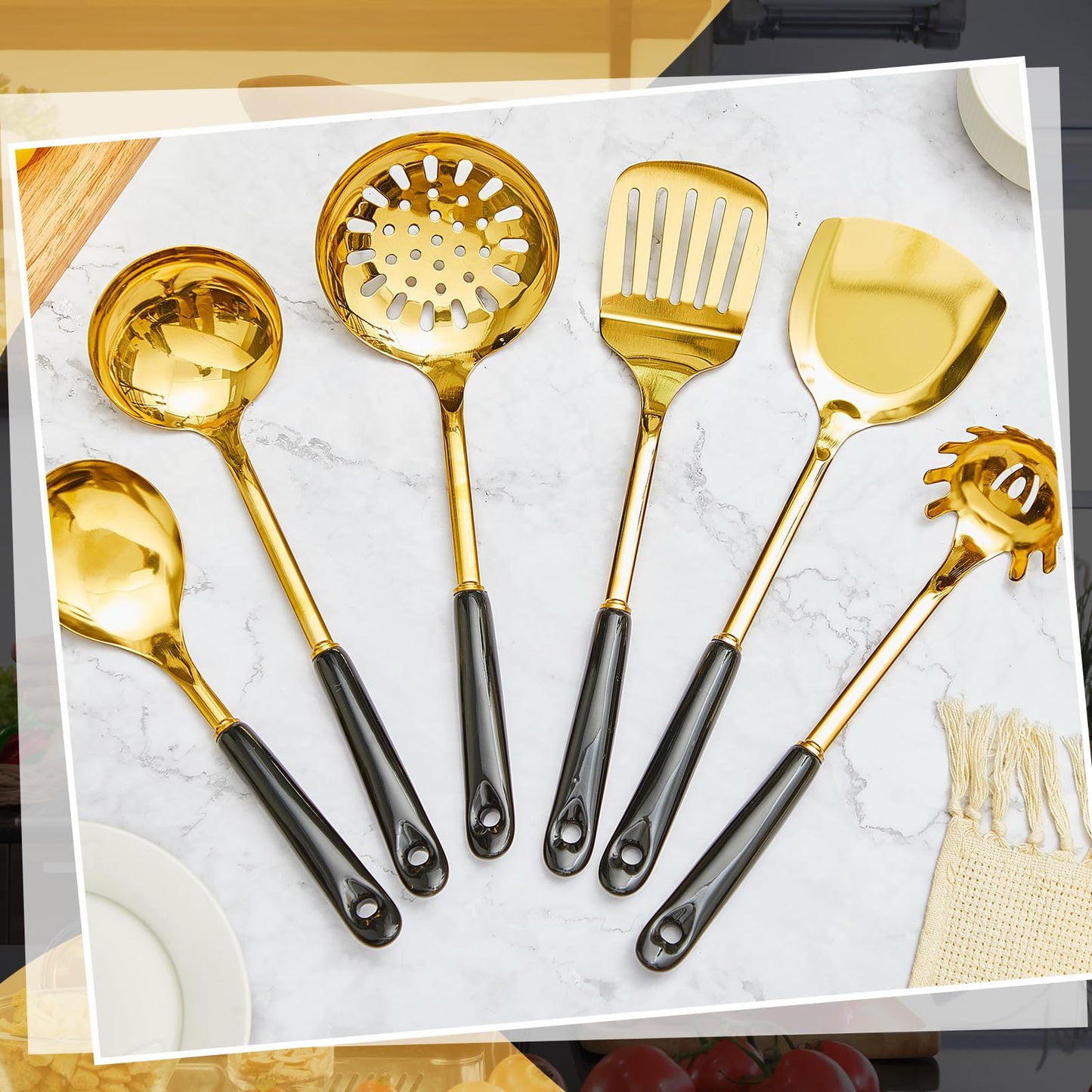Blushtier 7 Pcs Black and Gold Cooking Utensils Set, Stainless Steel Kitchenware Gift with Hanging Shelf, Slotted Spoon, Slotted Spatula, Large, Soup Ladle, Spatula, Pasta Spoon, Easy to Clean