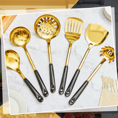 Blushtier 7 Pcs Black and Gold Cooking Utensils Set, Stainless Steel Kitchenware Gift with Hanging Shelf, Slotted Spoon, Slotted Spatula, Large, Soup Ladle, Spatula, Pasta Spoon, Easy to Clean