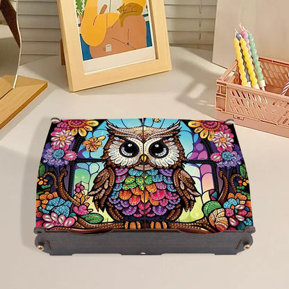 antor DIY Diamond Painting Wooden Storage Box, Owl Creative Special Shaped Rhinestone Art Flip Cover Jewelry Organizer Gift Case, Handmade Art Desktop Decor