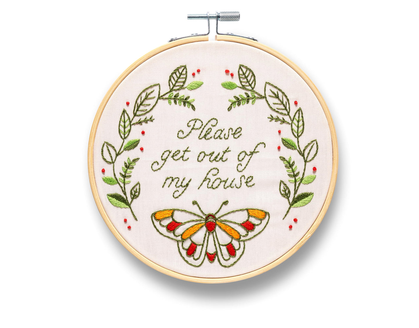 FUNATIC Please Get Out of My House Embroidery Kit | Funny Beginner Needle Work Starter Set for Adult | Needlepoint DIY Art and Craft | Cross Stitch Set with Hoop Floss Needles Threader Printed Fabric