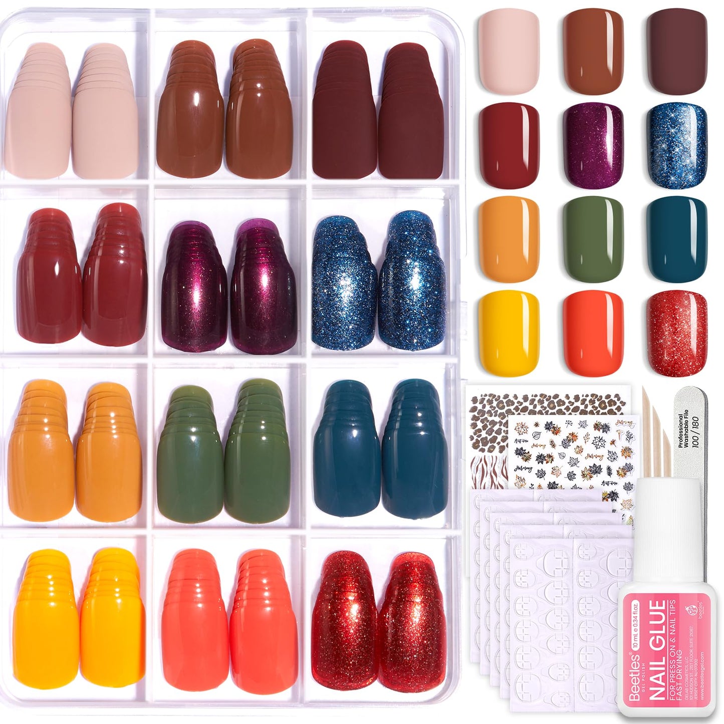 Beetles Press on Nails Kit 720Pcs 24 Colors, Press on Nails Short Almond Glossy Matte Glitter With Nail Glue & Nail Tabs Stickers, Natural Fit Lightweight Fake Nails Kit Art For Women Girls