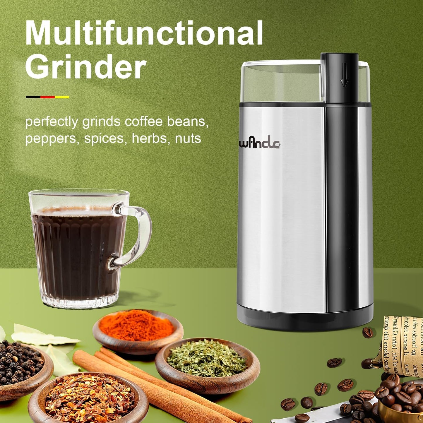 Wancle Electric Coffee Grinder, Quiet Spice Grinder with One Touch Operation for Beans and Spices, Stainless Steel