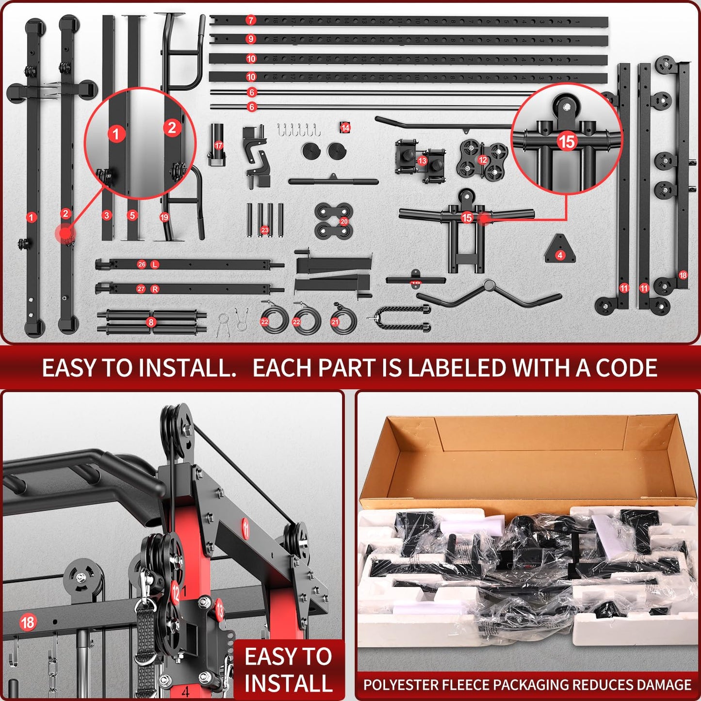 Power Rack Power Cage Multi-Function Squat Rack with Cable Crossover System Selectable More Training Attachment Power Rack for Garage & Home Gym (Red, F Set L02+Weight Bench+（Pole+Color BP） 258LBS)