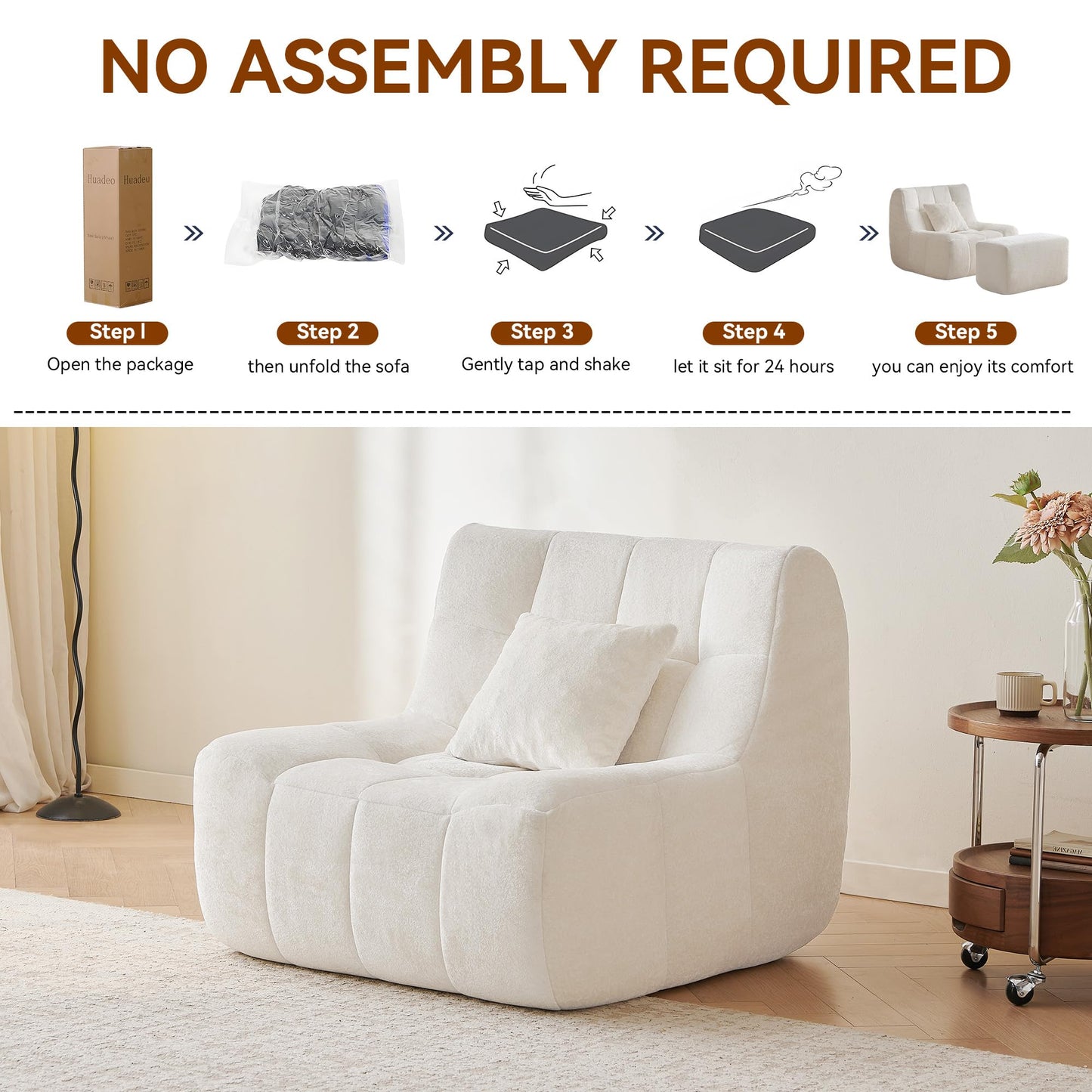 Bean Bag Chair With Footrest,Integrated Sponge Lounge Chair,Comfortable Bean Bag Sofa with Backrest, Faux FurBeanBagChair forAdultsandKids, Ideal for Bedrooms,Living Rooms,and Apartments(White)