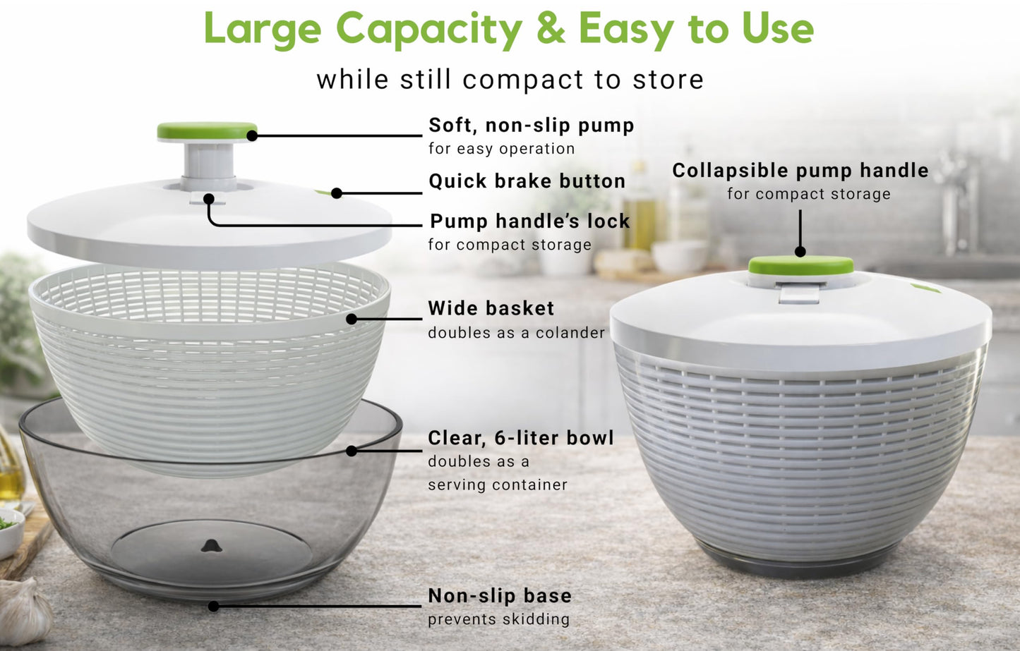 Brieftons 6.2-Quart Large Salad Spinner: Vegetable Washer Dryer Drainer Strainer with Bowl & Colander, Easy One-Handed Pump, Compact Storage, for Washing, Cleaning & Drying Greens, Vegetables, Fruits