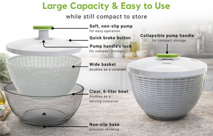 Brieftons 6.2-Quart Large Salad Spinner: Vegetable Washer Dryer Drainer Strainer with Bowl & Colander, Easy One-Handed Pump, Compact Storage, for Washing, Cleaning & Drying Greens, Vegetables, Fruits