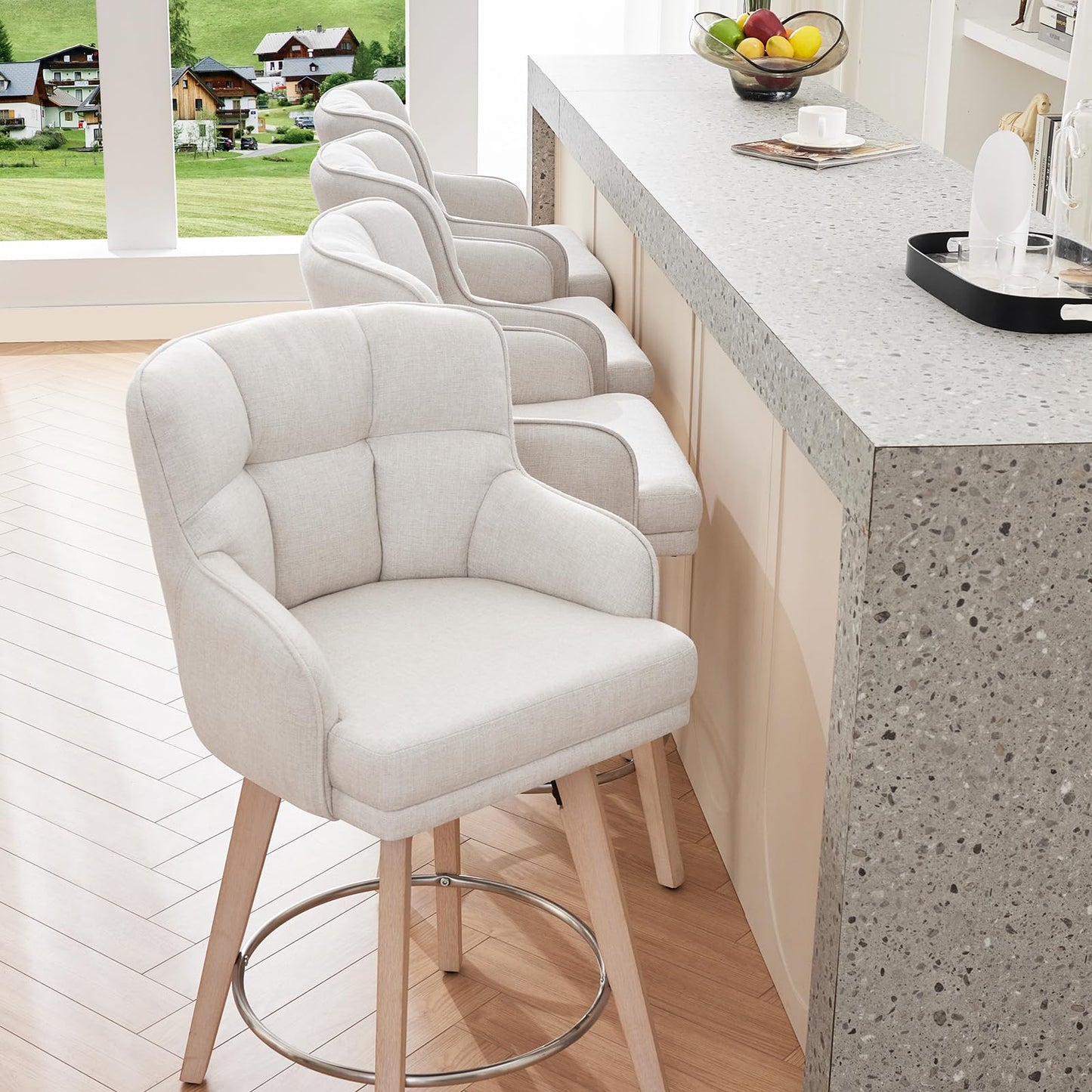 SAECKBERG 360°Swivel Counter Height Bar Stools with Back, 26 inch Solid Wood Legs, Bar Stool Modern Kitchen Island Chairs, Fabric (Beige- Fabric, 26" H- Set of 2)