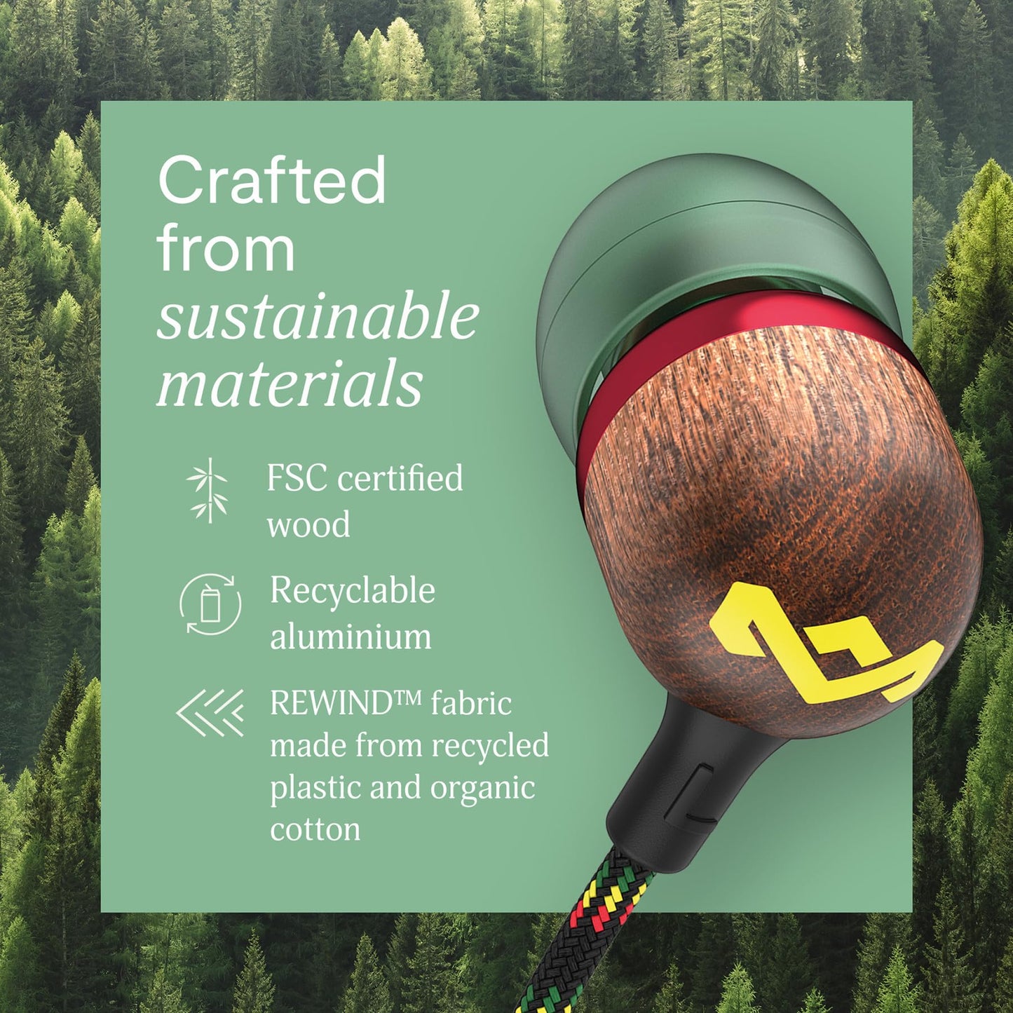 House of Marley Smile Jamaica Wired USB-C Earphones with 9.2mm Driver, Sustainably Crafted, Tangle-Resistant Cable, in Ear Headphones with in-Line Microphone Calls (Rasta) Great Stocking Stuffer Gift