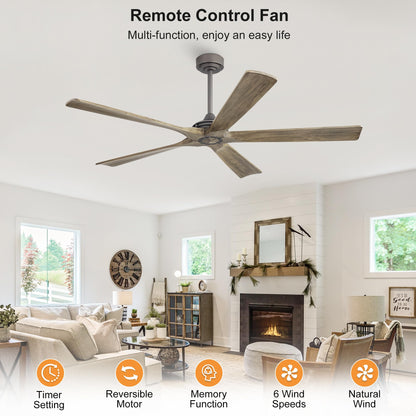 WINGBO 60 Inch Ceiling Fan without Light - 5 Carved Solid Wood Blades, 6-Speed Reversible DC Motor, Noiseless Remote Control Ceiling Fan No Light for Bedroom Living Room Kitchen, Charcoal and Gray