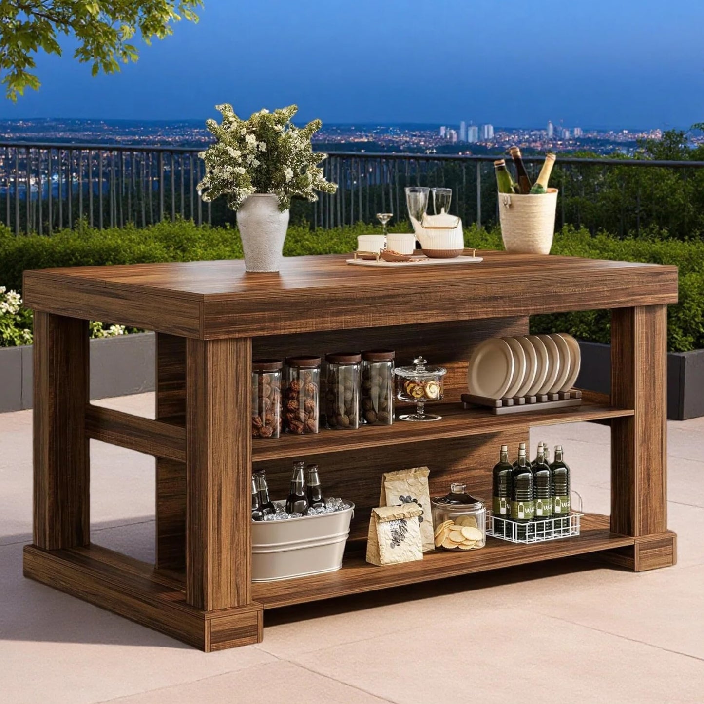 Tribesigns Kitchen Island with Storage, 55-Inch Farmhouse Stationary Island Table with Large Countertop, 3-Tier Wooden Center Bar Table for Kitchen, Dining Room, Dark Brown