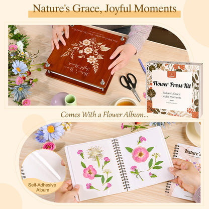 Joy&Grace Large Flower Press Kit for Adults with Designed Cover and DIY Album, 10.9" x 10.9" 10 Layers Plant Press and Plant Drying Toolkit, Flower Preservation Kit (Color Box, Mahogany Color)