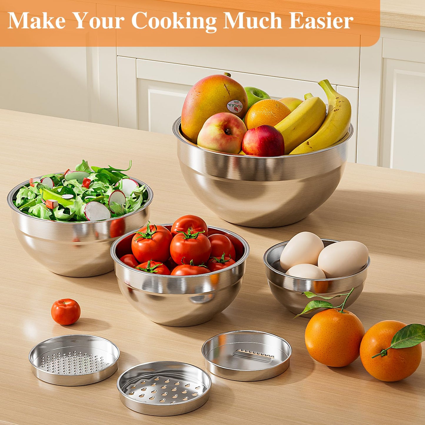 Winproper Mixing Bowls with Lids Set, 6 PCS Stainless Steel Mixing Bowls with 3 Grater Attachments, Kitchen Food Storage Organizers Nesting Mixing Bowl, Large Size 4.5, 3.5, 2.1, 1.5, 1.1, 0.7QT