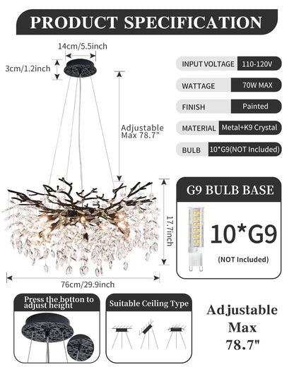 witkey Modern Tree Branch Crystal Chandelier Luxury Black Crystal Pendant Lighting 30" Contemporary 10-Light Chandeliers for Dining Room Kitchen Bedroom Living Room