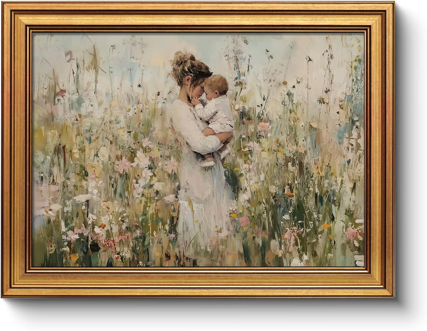 12x16 Vintage Gold Frame Mom Holding Baby Canvas Print Wall Art, Impressionist Framed Motherhood Oil Painting Artwork