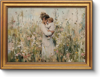 12x16 Vintage Gold Frame Mom Holding Baby Canvas Print Wall Art, Impressionist Framed Motherhood Oil Painting Artwork