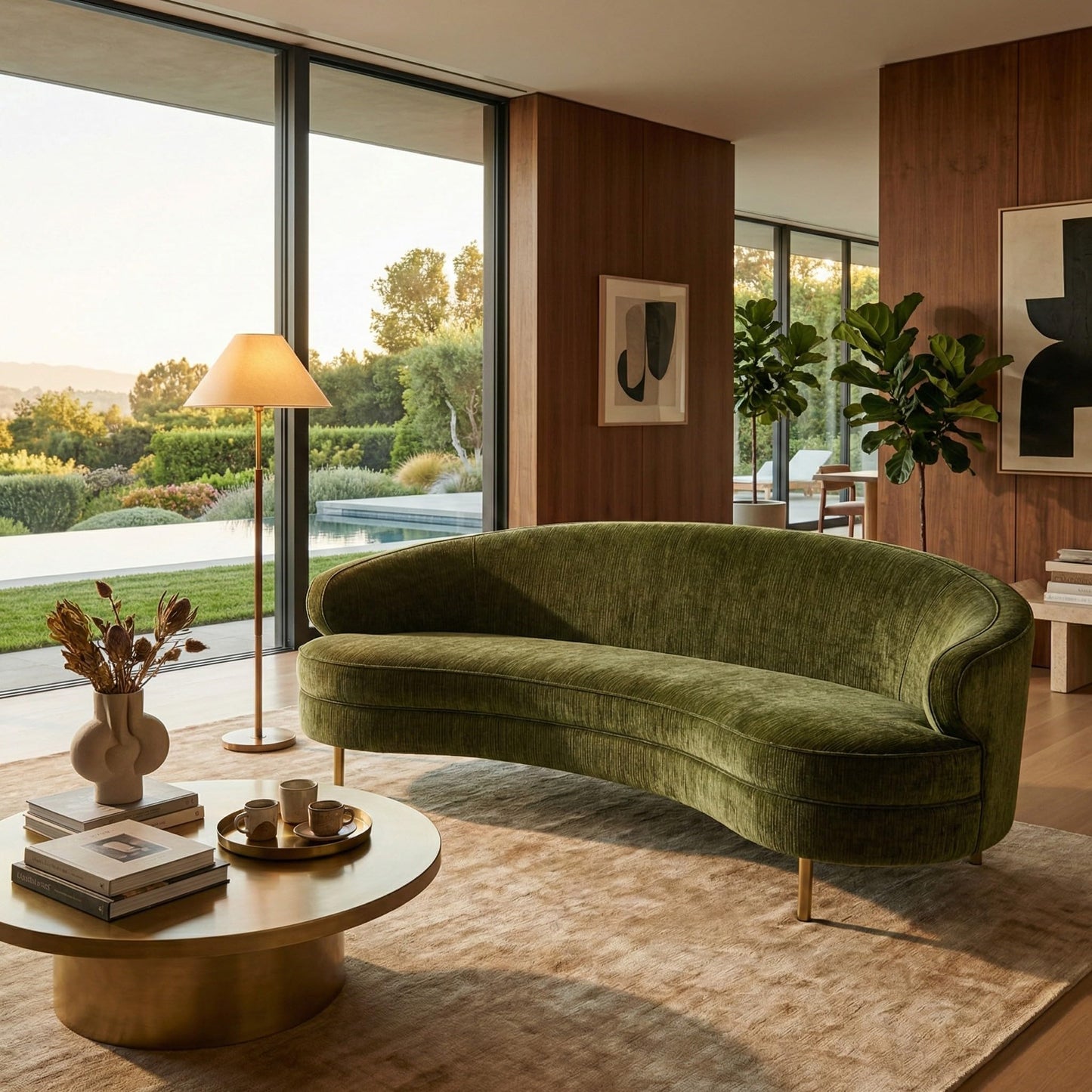 SAFAVIEH Couture - Primrose Curved Sofa - Olive Green Chenille Upholstery - Ideal for Living Room, Family Room, 89.4" W x 44" D x 33" H (SFV4715G)