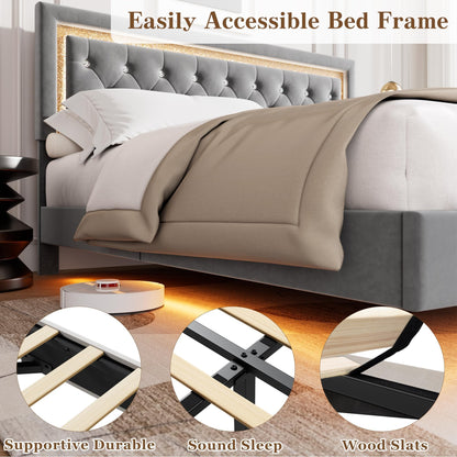 Floating Queen Platform Bed Frame with Smart LED Lights – Modern Diamond Upholstered Headboard, Noise-Free Wood Slats, Under-Bed Storage, Easy Assembly, Contemporary Bedroom Furniture, King Gray