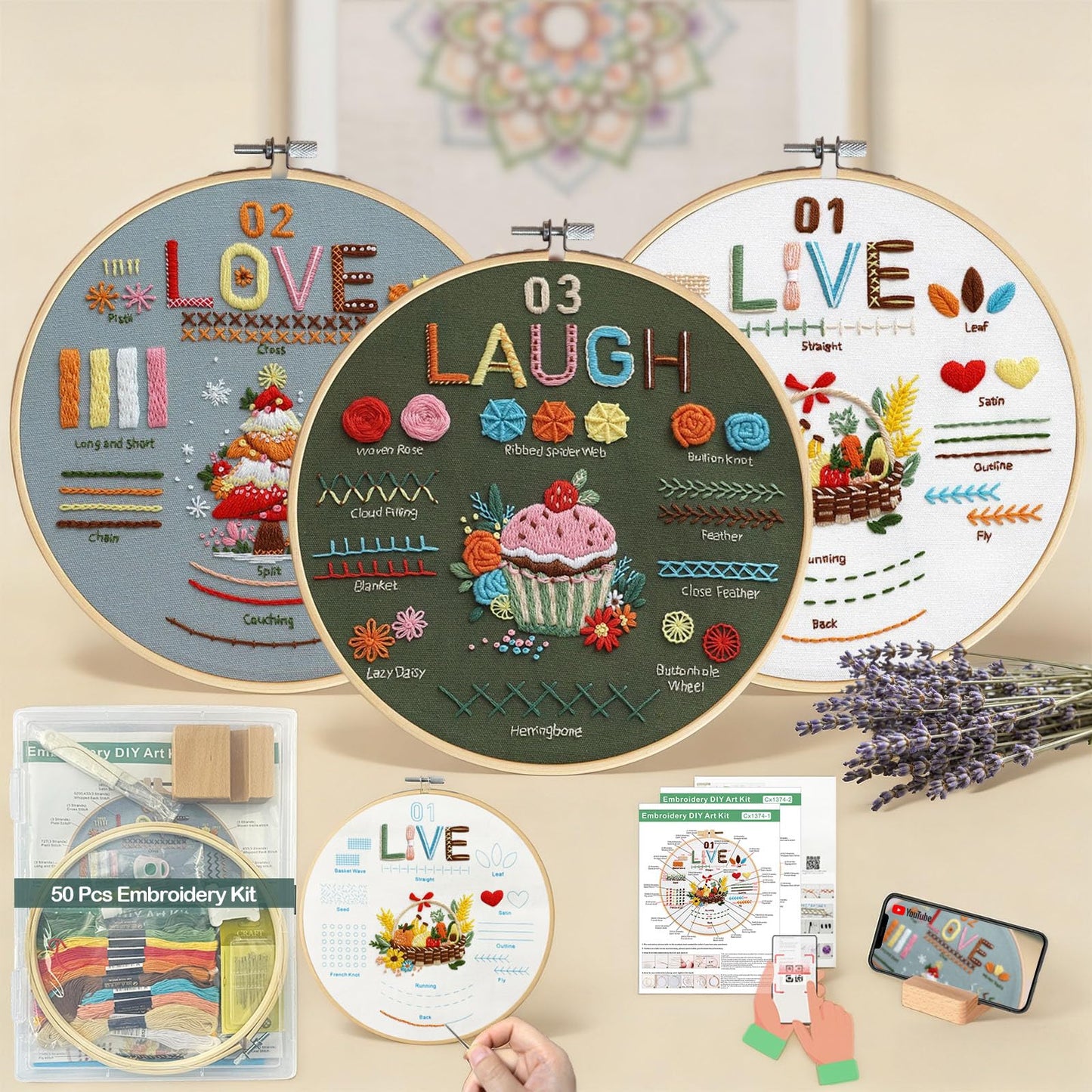 CLRDIVA Embroidery Starter Kit for Beginners: Easy DIY Needlepoint Set with Phone Stand for Step-by-Step Video Tutorials - Stress Free to Learn 29 Basic Stitches - Relaxing Crafts for Adults