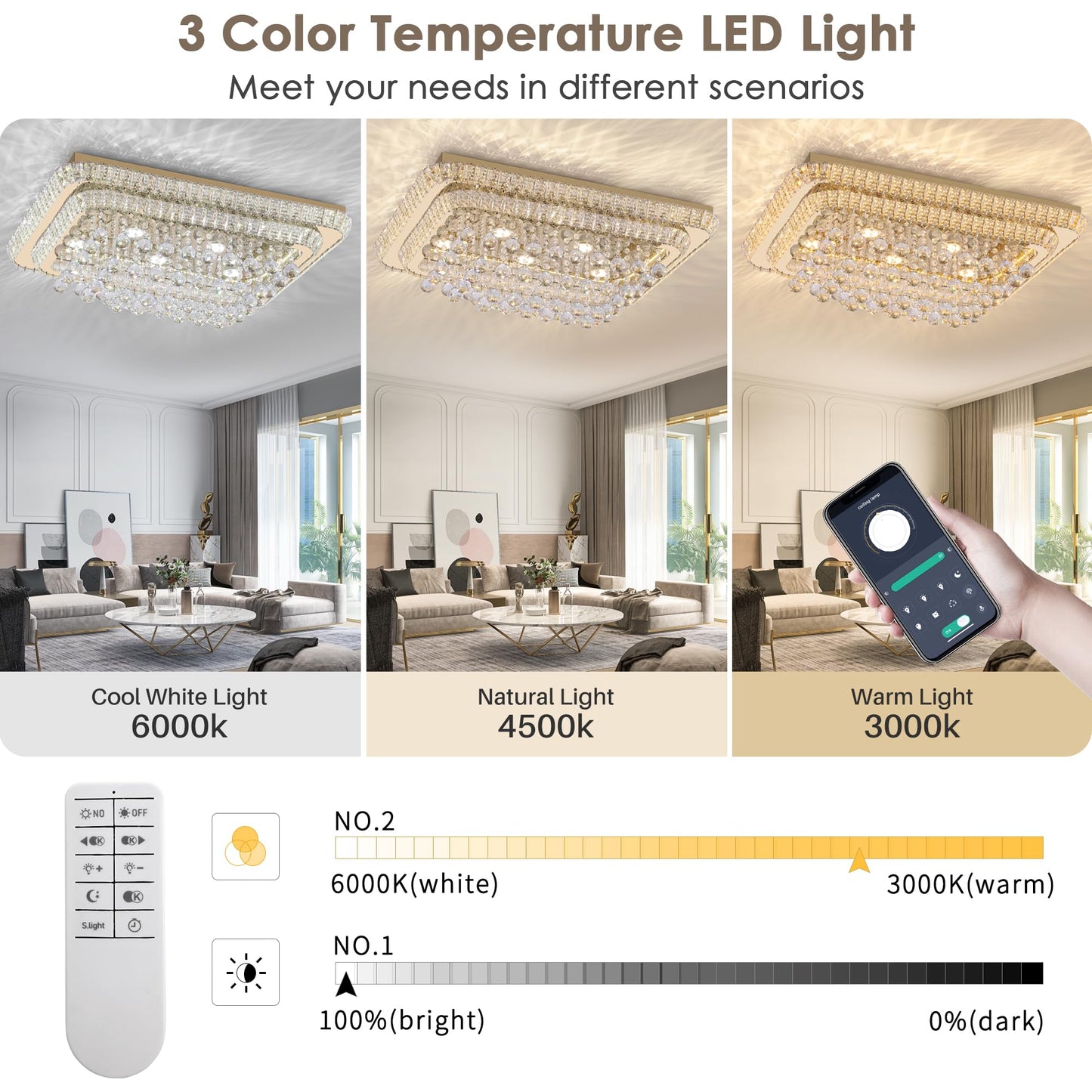 32 inch Crystal Flush Mount Chandelier, Modern Raindrop Crystal Gold Chandeliers with Remote and APP, 3 Colors Temp & Brightness Adjustable, Ceiling Light for Bedroom Hallway DiningRoom Living Room