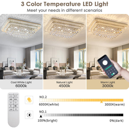 32 inch Crystal Flush Mount Chandelier, Modern Raindrop Crystal Gold Chandeliers with Remote and APP, 3 Colors Temp & Brightness Adjustable, Ceiling Light for Bedroom Hallway DiningRoom Living Room