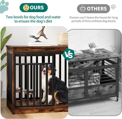 YITAHOME 55 Inch Large Dog Crate Furniture, Heavy Duty Wooden Dog Crate TV Stand with 2 Dog Bowls, Metal Dog Kennel Indoor Furniture Sliding Barn Door Design for Extra Large Dogs, Rustic Brown