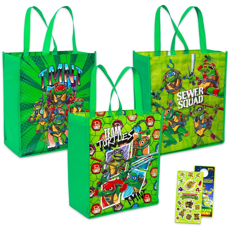 Teenage Mutant Ninja Turtles Tote Bag Bundle - TMNT Accessories Bundle with 3 Grocery Bags Featuring Donatello, Leonardo, Michelangelo, Raphael Plus Stickers | TMNT Reusable Bags