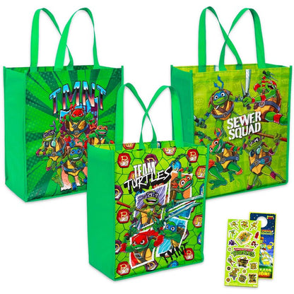 Teenage Mutant Ninja Turtles Tote Bag Bundle - TMNT Accessories Bundle with 3 Grocery Bags Featuring Donatello, Leonardo, Michelangelo, Raphael Plus Stickers | TMNT Reusable Bags
