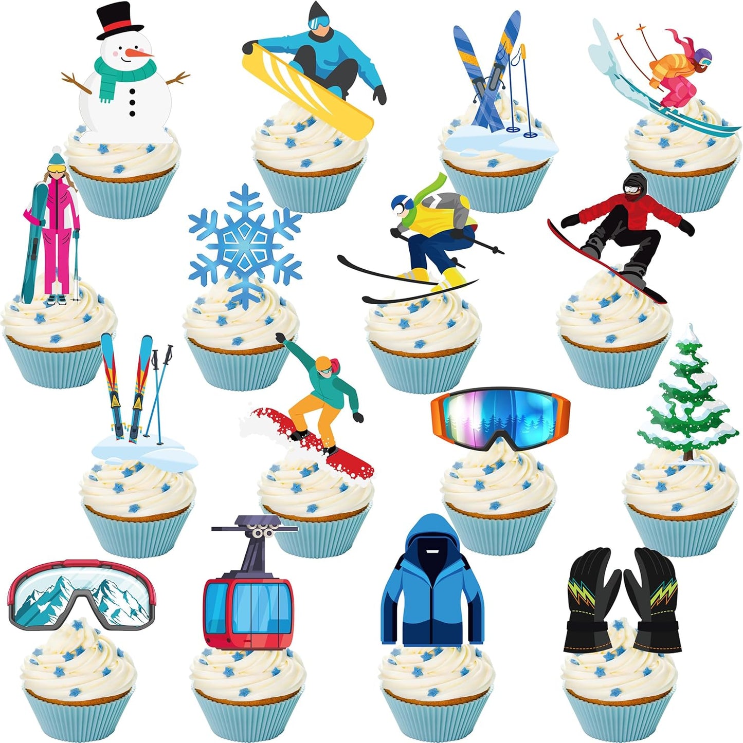 Skiennix Skiing Cupcake Toppers - 48Pcs Winter Party Decorations | Snowboard Birthday Picks