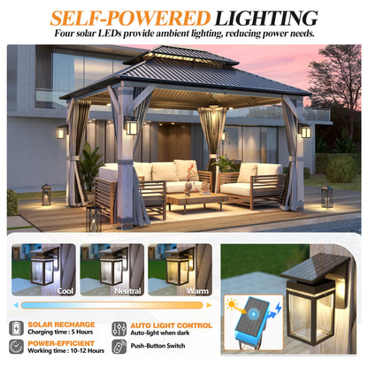 GARTOO 10' x 12' Outdoor Wood Gazebo - Permanent Wooden Hardtop Gazebo Pavilion with Double Curtains & Solar LED Light, Galvanized Steel Roof Cedar Wood Gazebos for Garden, Backyard Deck