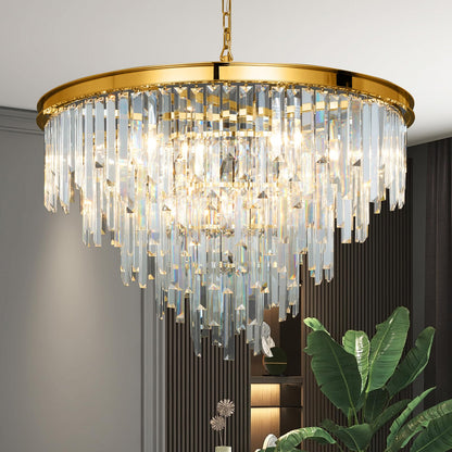 CHGUOSZ 27'' Modern Crystal Chandelier, Gold Round Ceiling Light with Clear Prisms, Luxury Flush Mount Lighting Fixture for Dining Room Bedroom Foyer