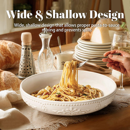Artena Pasta Bowls, 50oz Large Salad Serving Bowls, 9.75'' Plates Bowls Set of 4, Big White Ceramic Soup Bowls for Kitchen, Embossment Shallow Dinner Bowl, Microwave Dishwasher Safe, Multiple Patterns