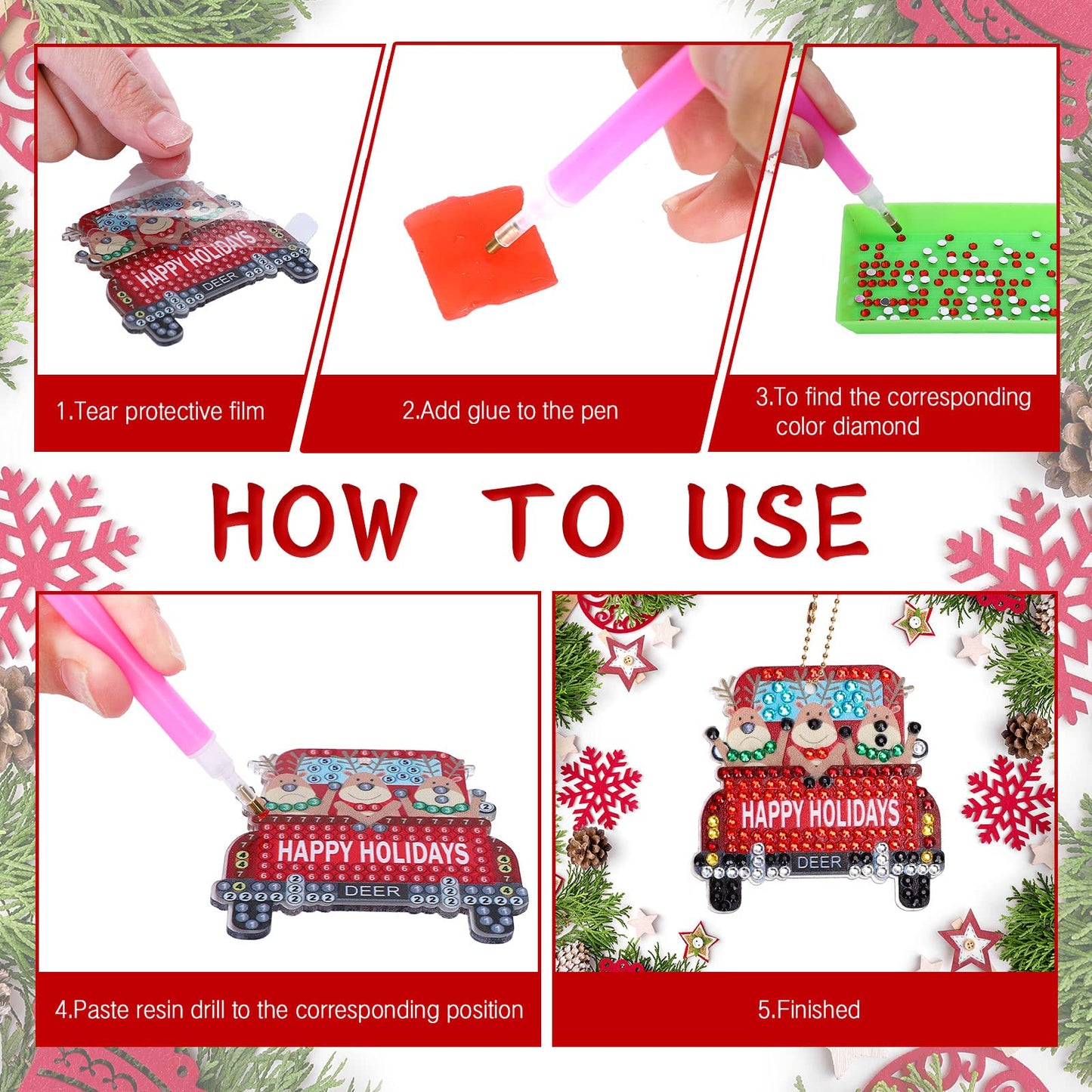 AnyDesign 12Pcs Christmas Diamond Art Keychain DIY Handmade Truck Santa Snowman Gem Painting Pendant Rhinestone Mosaic Making Full Drill Diamond Key Chain for Crafts Gift