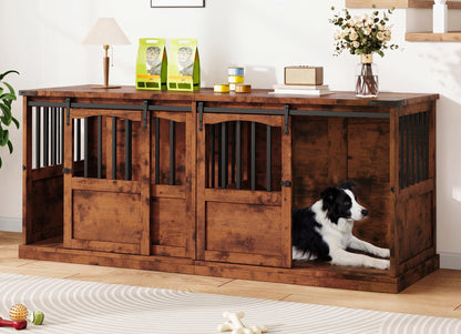 Homiflex Double Dog Crate Furniture with Barn Sliding Doors, 72" Large Dog Kennel Furniture Indoor with Divider for 2 Medium Large Dogs, Heavy Duty Wooden Dog Cage Decorative TV Stand, Brown