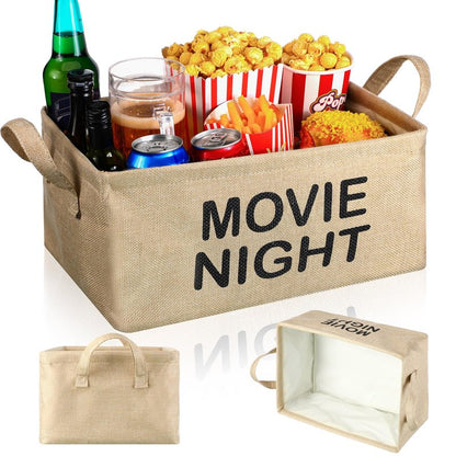Gandeer Large Movie Night Snack Basket with Handles Movie Night Snack Tray Reusable Burlap Storage Organizer for Theater Popcorn Bucket Bowl Box Container Family Film Holiday Parties(Khaki, Classic)