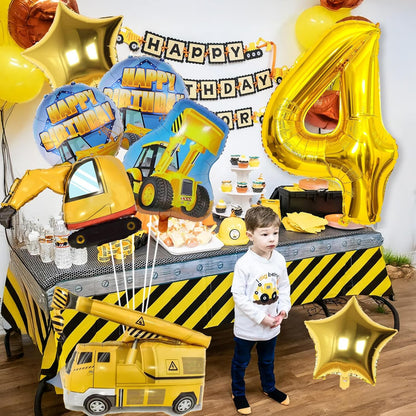 Teslite 4th 9Pcs 40 Inch 4 Bulldozer Set 4 Construction Balloons Birthday, Gold Number Balloons with Large Excavator