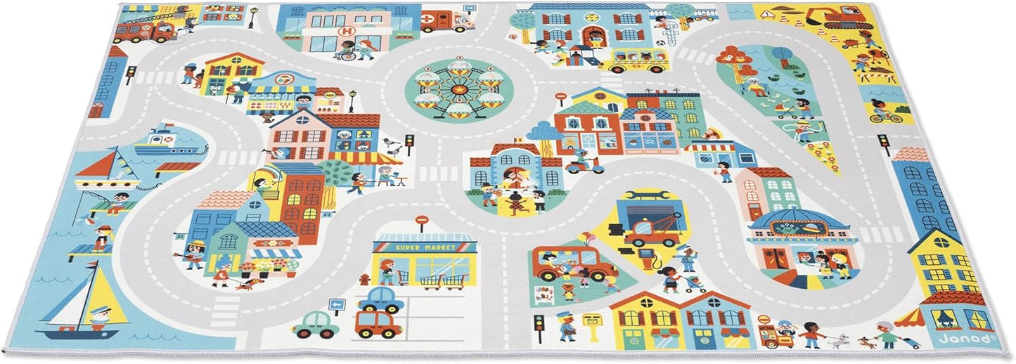 120 78cm 2 J05910 Janod - Children's Car Rug - City Theme - Soft & Non-Slip - Urban Pattern - Play Rug for Girls