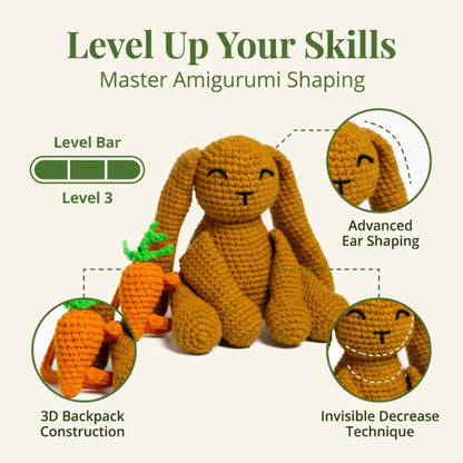 Berstuk Level 3 Intermediate Crochet Kit for Adults – Amigurumi Bunny Crochet Kit with Video Tutorials – Complete Crochet Animal Kit with Tools & Stuffing – Learn to Crochet Stuffed Animals
