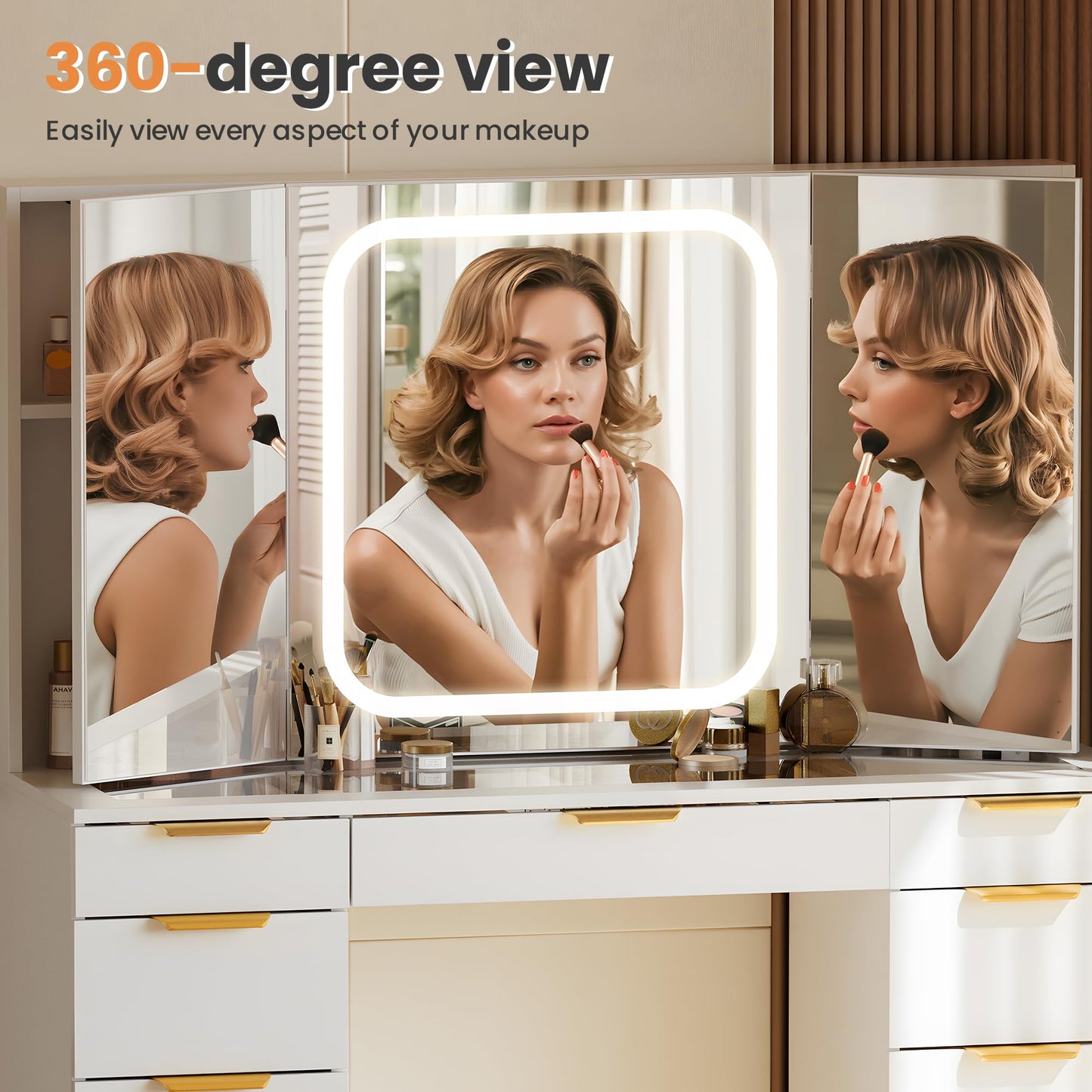Pamapic 11 Drawers Vanity Desk with Foldable Mirror, Glass Top Makeup Vanity with LED Lights, 3 Lighting Modes, Golden Handles Dressing Table with Chair and Power Outlet