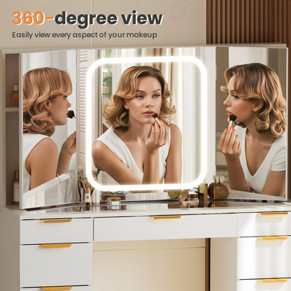 Pamapic 11 Drawers Vanity Desk with Foldable Mirror, Glass Top Makeup Vanity with LED Lights, 3 Lighting Modes, Golden Handles Dressing Table with Chair and Power Outlet