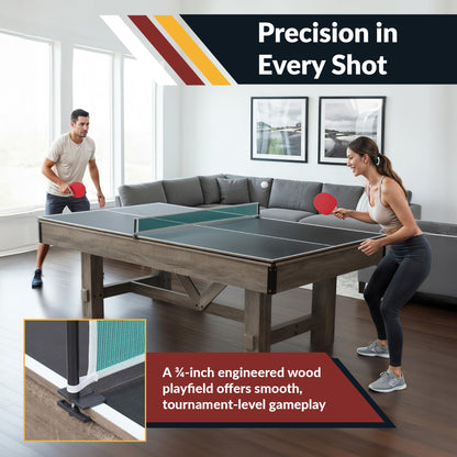 Hathaway Logan 7 Foot Pool Table Combo with Benches – Billiard Table with Ping Pong and Dining Tops – Comes with Complete Game Accessories and Built-In Storage - Rustic Gray Barnwood Finish, Blue Felt