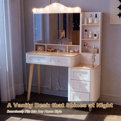 KEIKI Vanity Desk with Adjustable LED Lighted Mirror & USB Ports, Makeup Vanity Table Set with & Foldable 3-Sided Mirror & Large 5 Storage Drawers & Chest for Women and Girls Bedroom Dorm