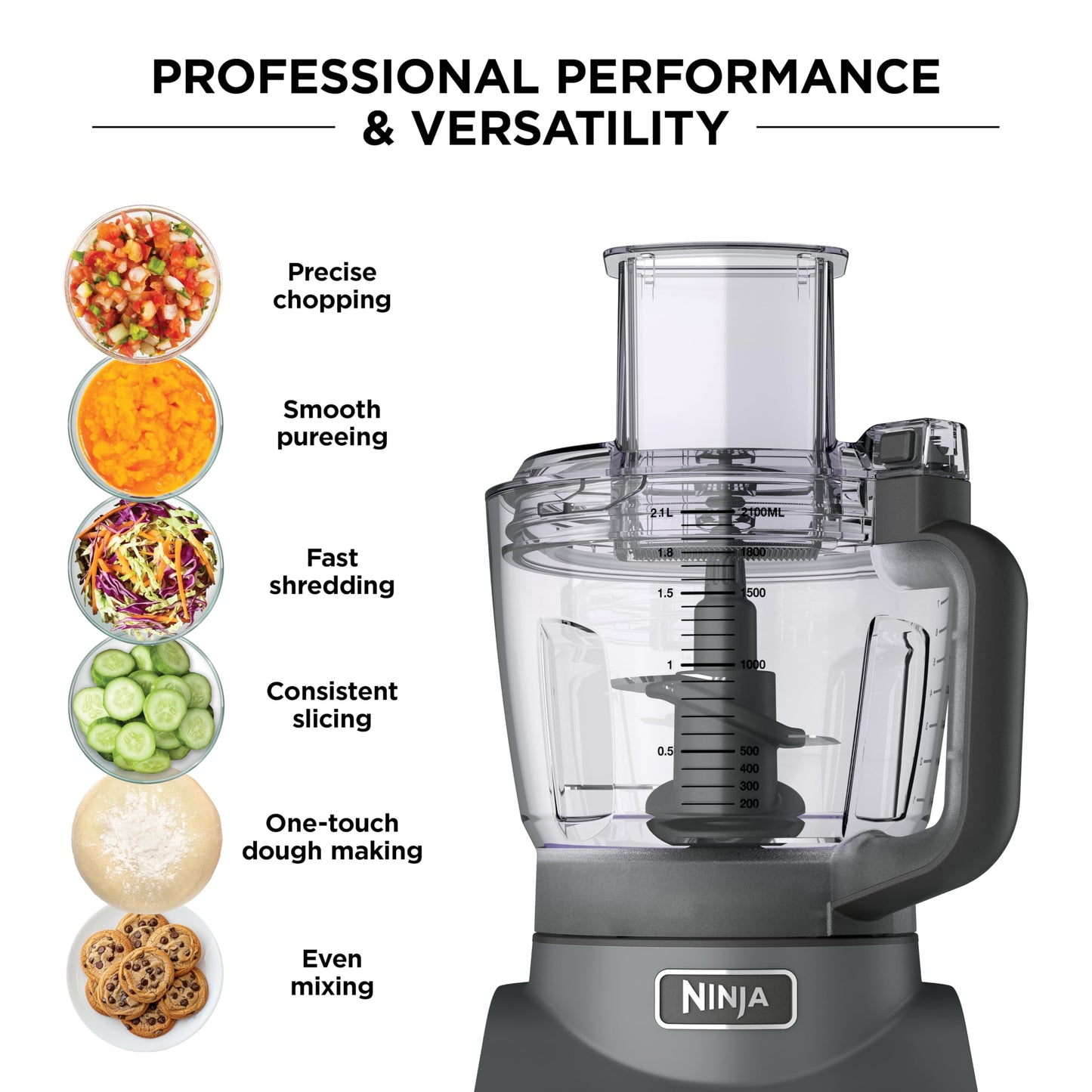Ninja Food Processor, Professional Plus, 1000 Peak Watts, 4 Functions for Chopping, Slicing, Purees & Dough with 9-Cup Processor Bowl, 3 Blades, Food Chute & Pusher, Silver, BN601