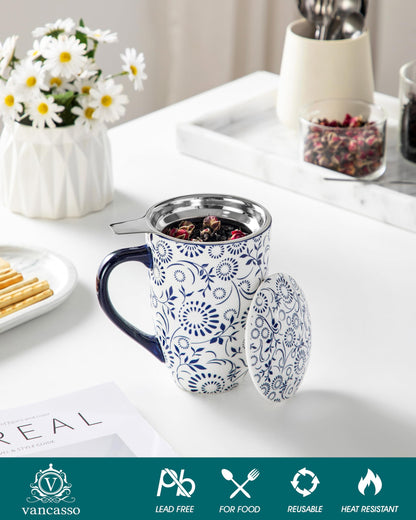 vancasso SELENE Porcelain Tea Mug, 18 oz Porcelain Tea Cup with Infuser and Lid Steeps Loose Leaf Tea, Microwave & Dishwasher Safe, Floral Bloom