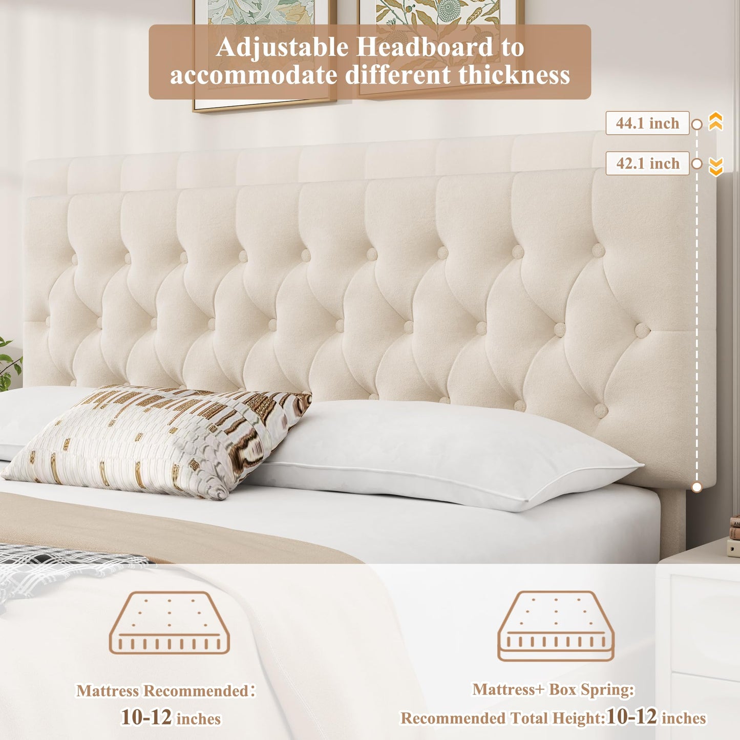 Keyluv Modern Queen Size Upholstered Bed Frame with 4 Storage Drawers, Button Tufted Headboard Design, Solid Wooden Slat Support, Easy Assembly, Soft Velvet, Beige