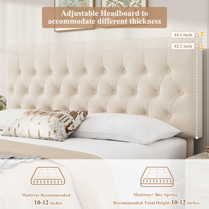 Keyluv Modern Queen Size Upholstered Bed Frame with 4 Storage Drawers, Button Tufted Headboard Design, Solid Wooden Slat Support, Easy Assembly, Soft Velvet, Beige