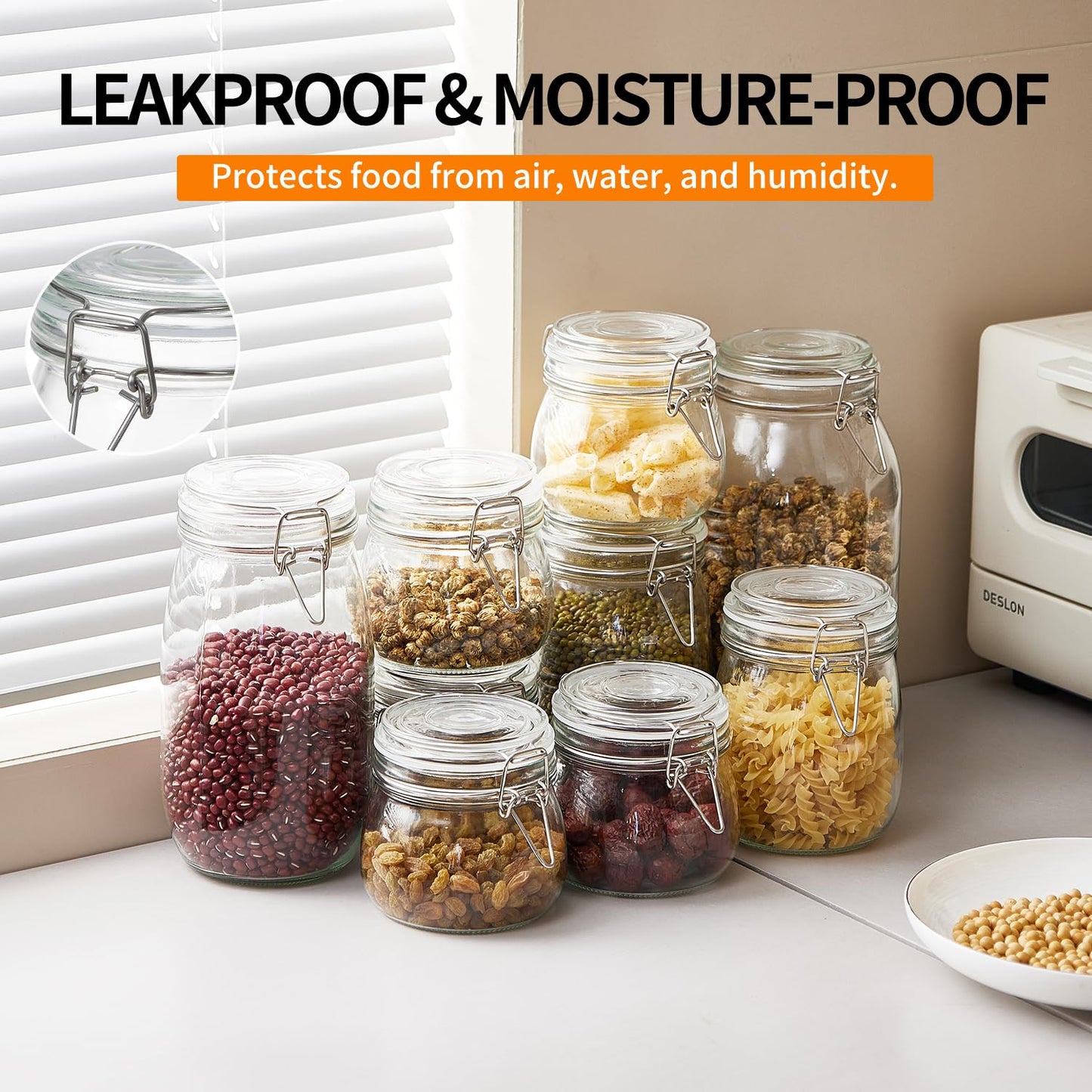 4 Pack 34oz Food Storage Jars with Airtight Lids, Preserving Seal Wire Clip Fastening Glass Containers, Canisters for Kitchen Organization, Flour, Cereal, Pasta, Sugar, Beans, Pickling Jars(34 Oz*4)