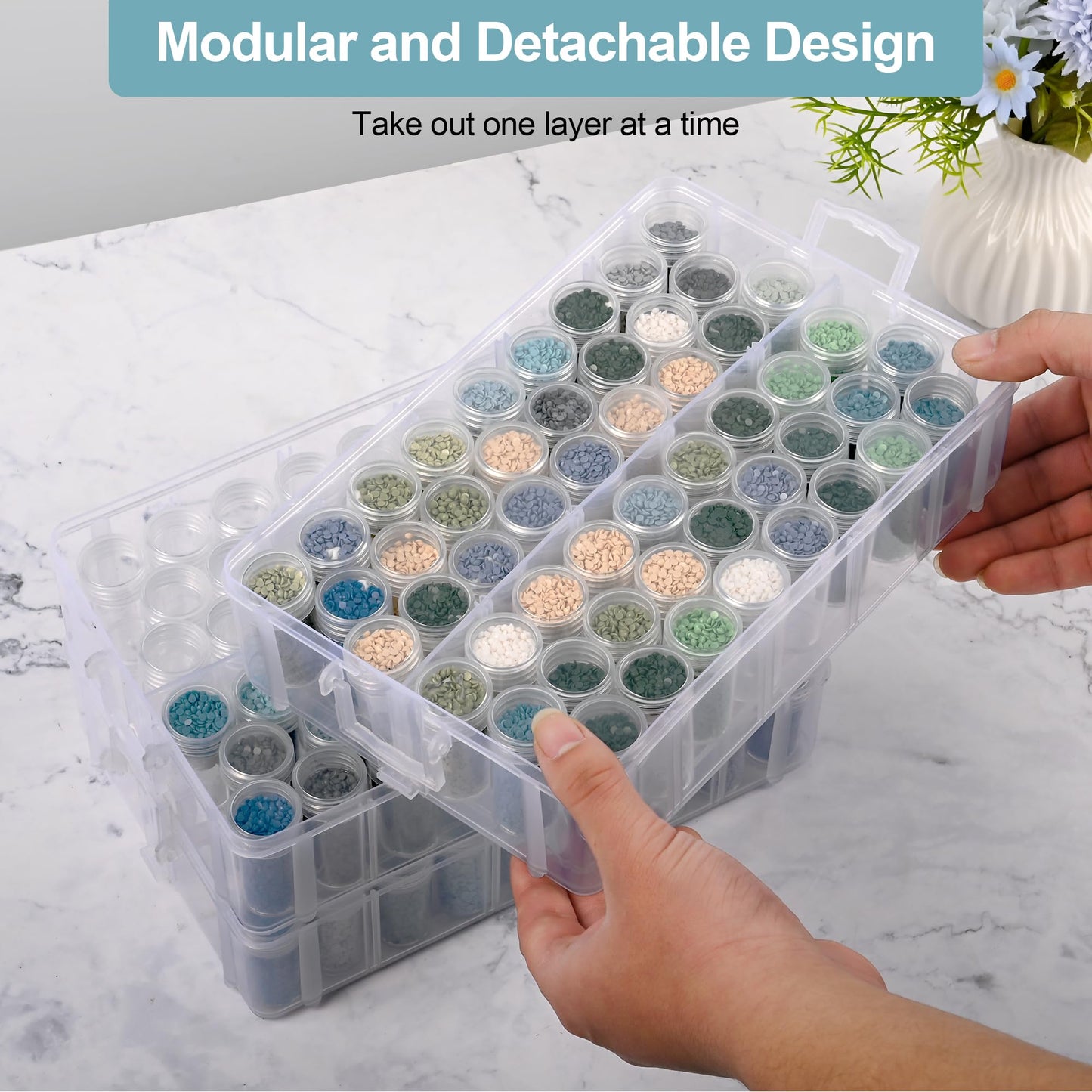 MERATIA Diamond Painting Storage Container, 3-Tier Bead Organizer Box with 150 Slots, Stackable Crafts Organizers for DIY Diamond Art Craft Jewelry Bead Storage