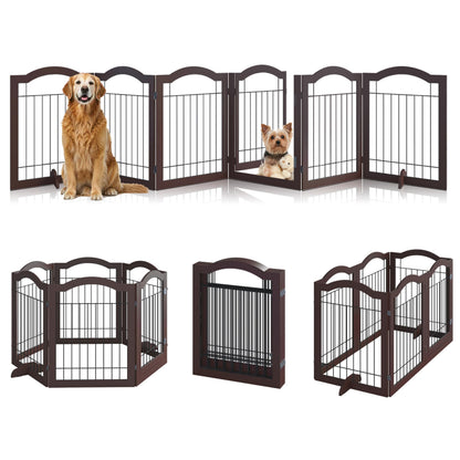 Vantas Espresso Wooden Folding Dog Gate 144" Wide x 30" Tall with Door, Freestanding Pet Gate, Pet Puppy Safety Fence